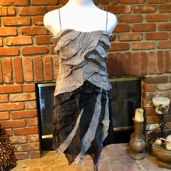 Vintage Black Gray Spaghetti Strap Ruffle Layered Cocktail Holiday Party… - Picture 3 of 8